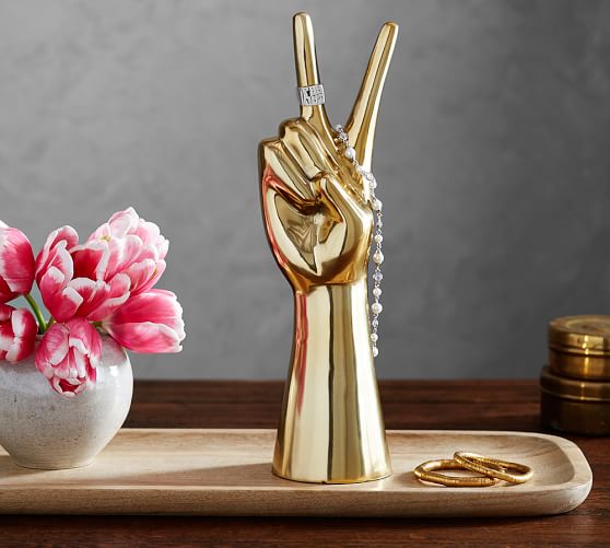 THE EMILY & MERITT PEACE SIGN HAND CATCHALL Gold Antique Finish emily & meritt for pottery barn collection
