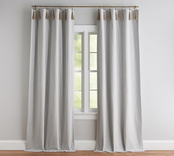 THE EMILY & MERITT TICKING STRIPE DRAPE WITH HOOK AND TASSEL emily & meritt for pottery barn collection