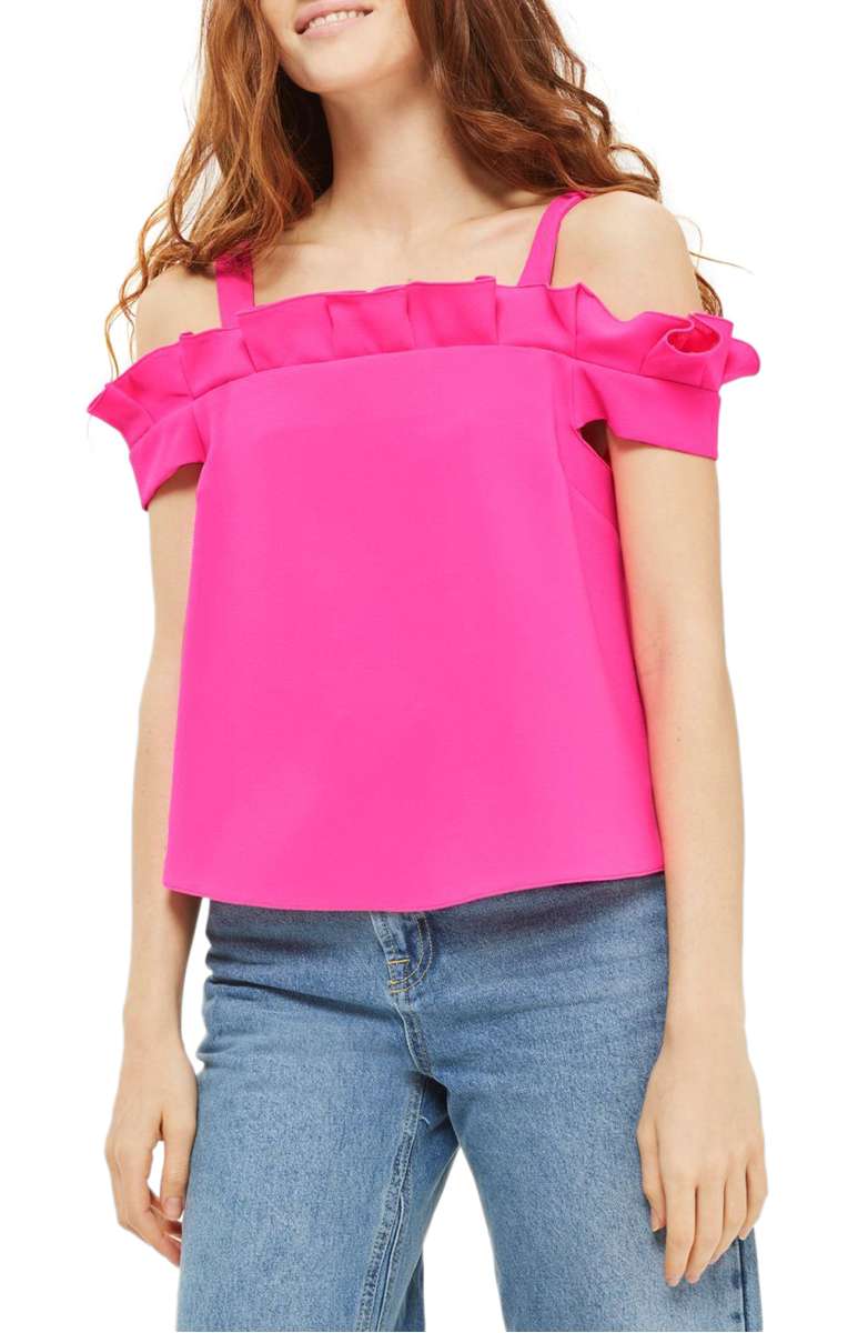 TOPSHOP Bardot Pleat Ruffle Top Pink ruffle cold shoulder tops