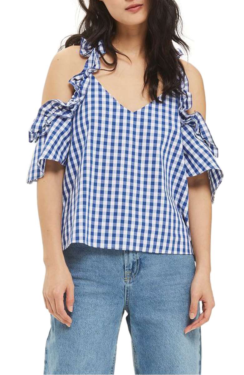 Topshop Gingham Cold Shoulder Top Navy Blue Multi ruffle cold shoulder tops fall