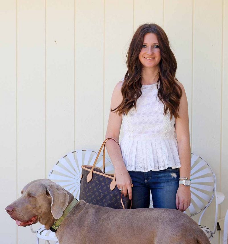 Fashion and lifestyle blogger Candace Rose Anderson is wearing a JOA Lace Mix Peplum Top in White. She shared the best lace peplum top under $50 for summer 2017. Her dog, a Weimaraner named Fred is also pictured. Candieanderson.com blog.