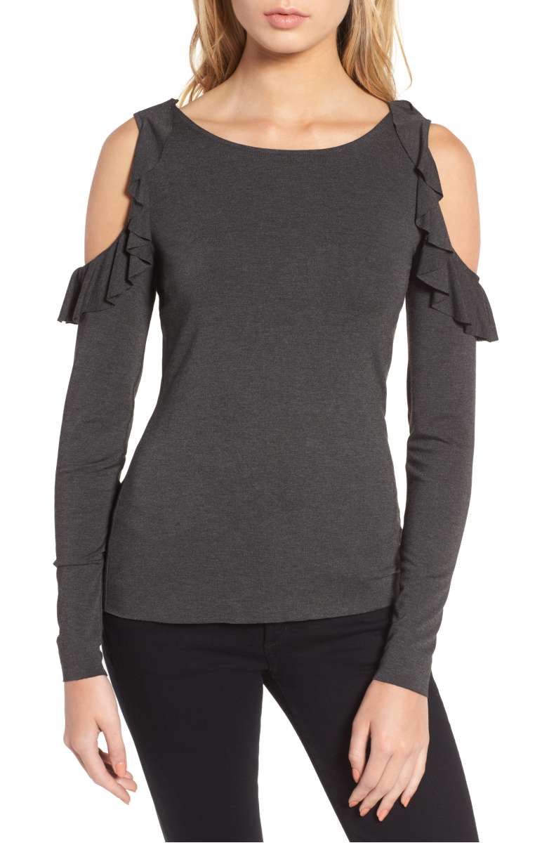 BAILEY 44 Ruffle Cold Shoulder Top Anthracite ruffle cold shoulder sweaters fall 2017