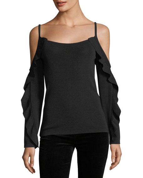 Club Monaco Lesley Cold-Shoulder Sweater w/ Ruffled Frills Black ruffle cold shoulder sweaters fall 2017