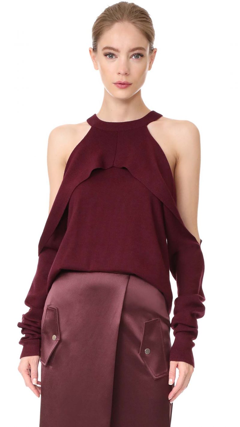 Dion Lee Cold Shoulder Top Wine ruffle cold shoulder sweaters fall 2017