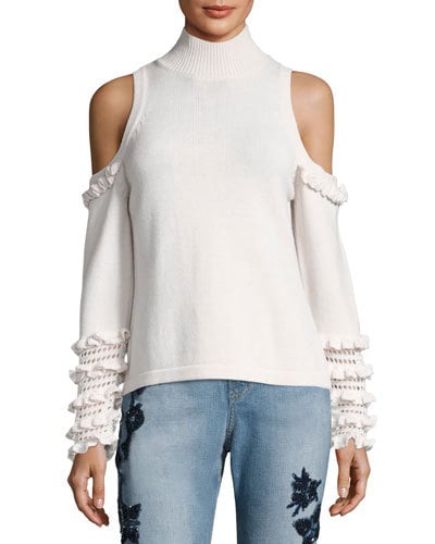Jonathan Simkhai Cold-Shoulder Crochet Ruffle Turtleneck Sweater Neutral Pattern ruffle cold shoulder sweaters fall 2017