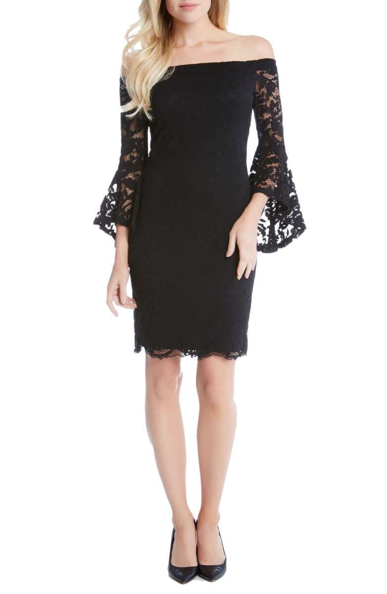 Karen Kane Samantha Lace Off the Shoulder Sheath Dress Black fall wedding guests