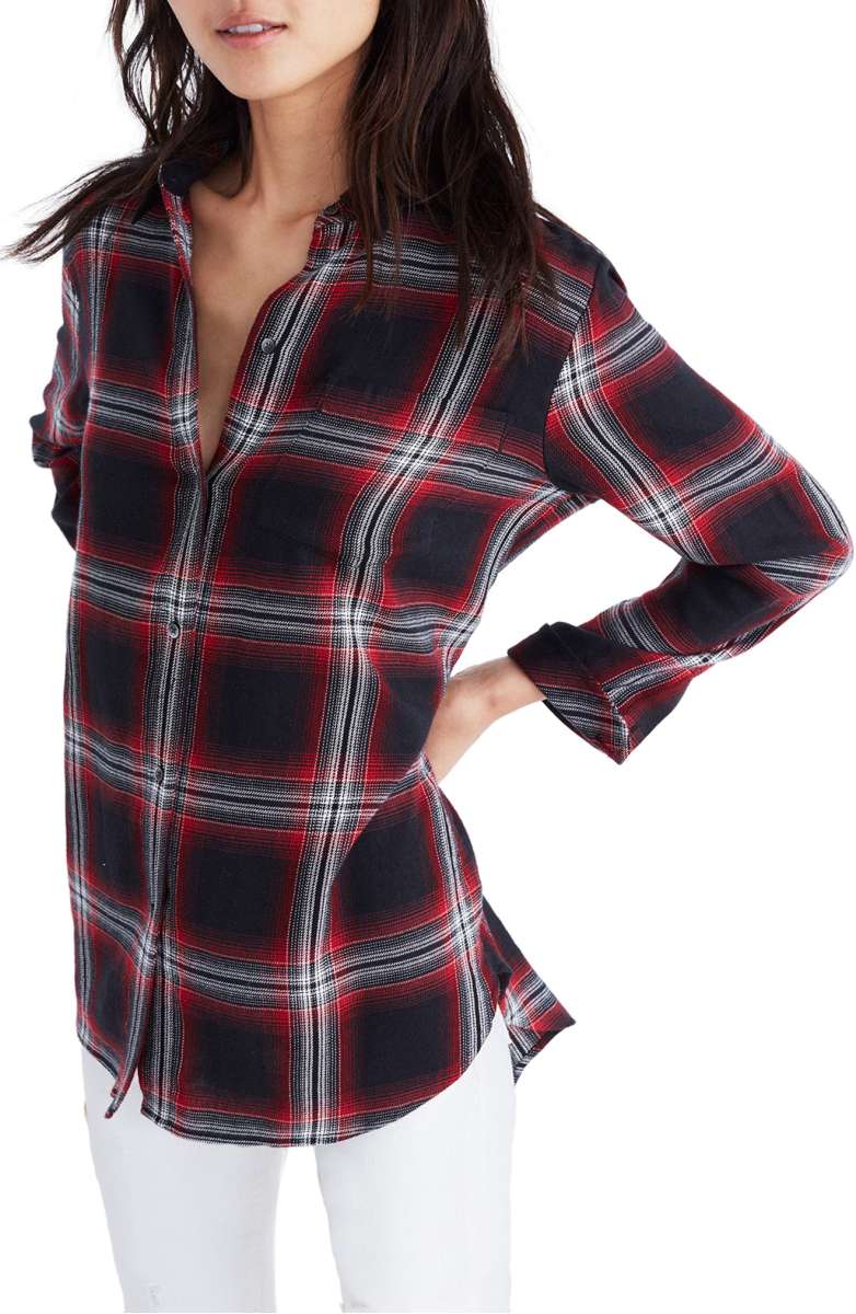 Madewell Classic Ex-Boyfriend Shirt Grunge Plaid True Black plaid shirts under 100 dollars women