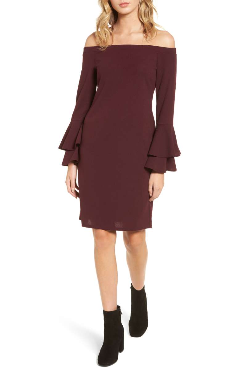 One Clothing Ruffle Sleeve Sheath Dress Bell Sleeves Marsala off the shoulder dresses fall wedding guests