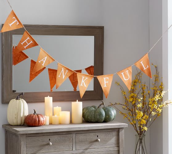 Pottery Barn THANKFUL FLAG thanksgiving orange jute banner fall decorating sale