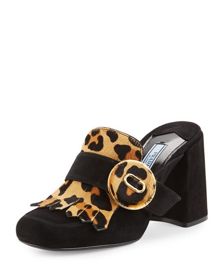Prada Leopard-Print Fringed Loafer Mule Black