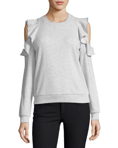 Rebecca Minkoff Gracie Crewneck Cold-Shoulder Cotton Sweatshirt Gray ruffle cold shoulder sweaters fall 2017