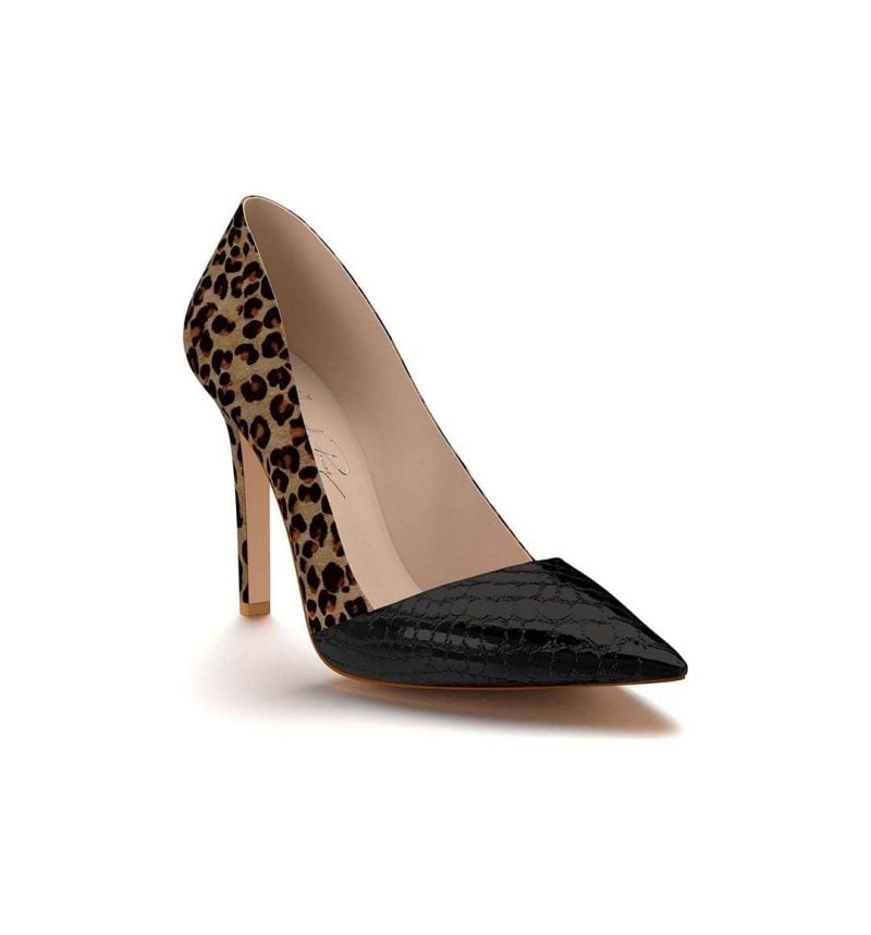 SHOES OF PREY Genuine Calf Hair Pointy Toe Pump Leopard Print Hair Black Patent heels