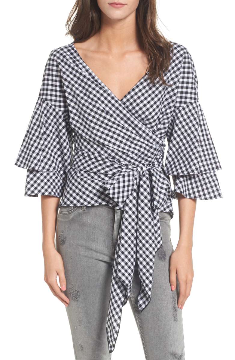WAYF Beckett Tiered Bell Sleeve Top Black GIngham plaid shirts under 100 dollars women fall 2017