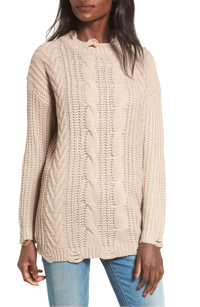 DREAMERS BY DEBUT Distressed Cable Knit Sweater Mocha cableknit sweaters under 100 dollars