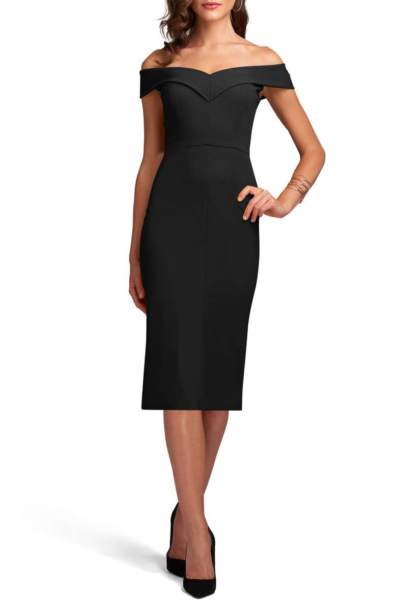 ECI Off the Shoulder Sheath Dress Black little black dresses fall holiday party