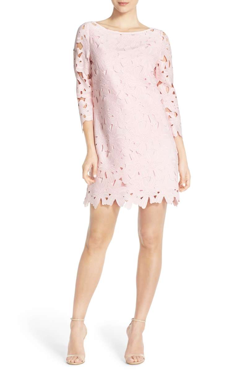 FELICITY & COCO Belza Floral Lace Shift Dress Light Pink lace wedding guest dresses under 100 dollars fall 2017
