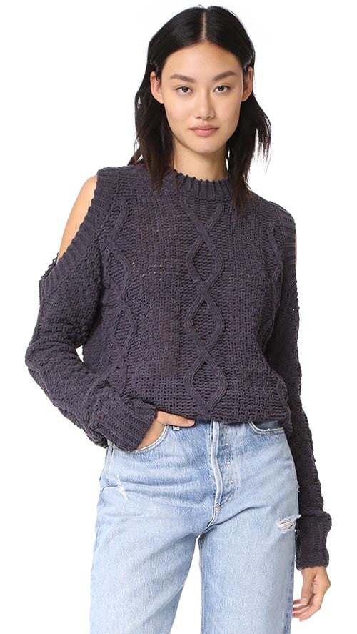 J.O.A. Cable Cold Shoulder Sweater Charcoal cable knit sweaters under 100 dollars