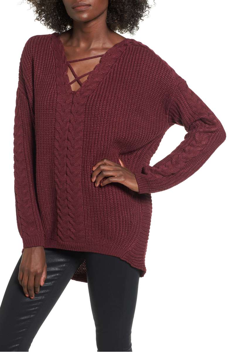 LOVE BY DESIGN Cross Front Braided Sweater Zinfandel cable knit sweaters under 100 dollars