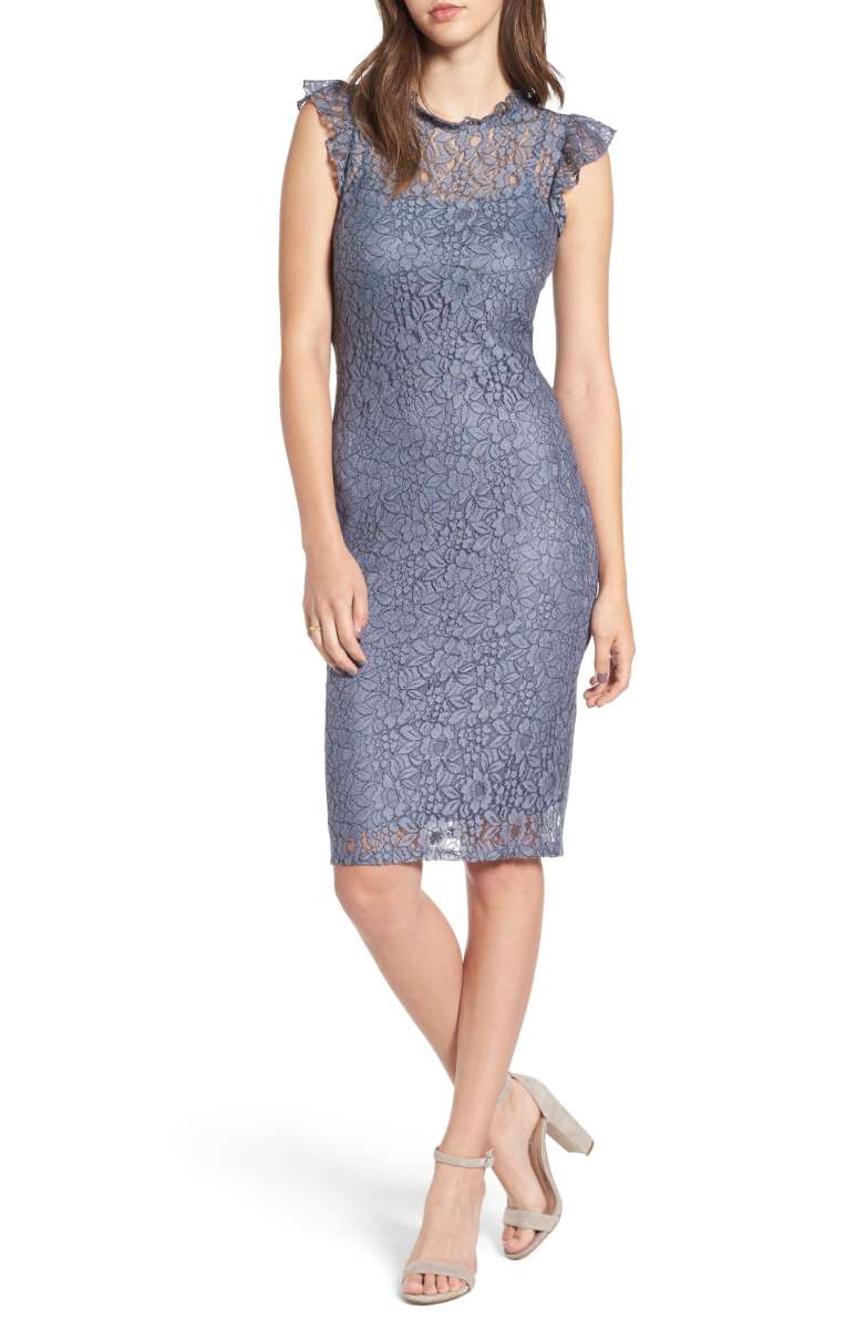 LOVE, FIRE Lace Sheath Dress Sterling Blue lace wedding guest dresses fall 2017