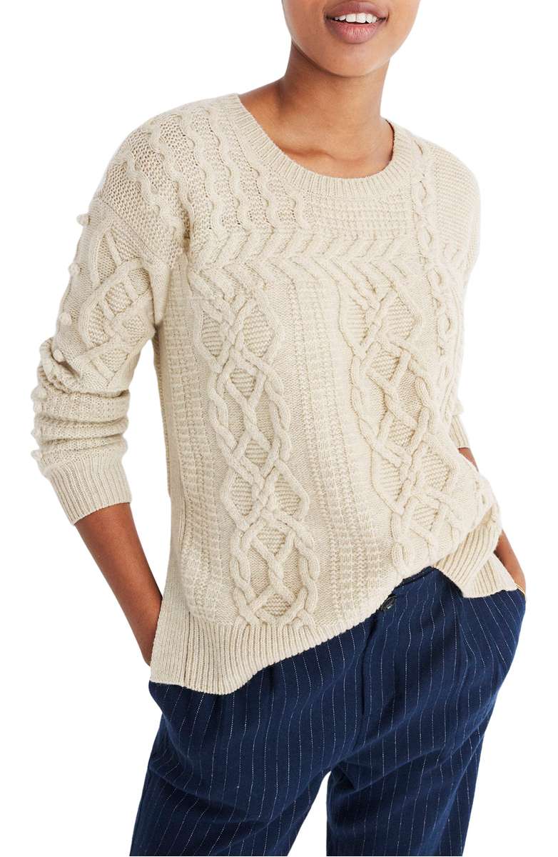 MADEWELL Open Side Bobble Pullover Sweater Heather Fog cable knit sweaters under $100 dollars fall winter