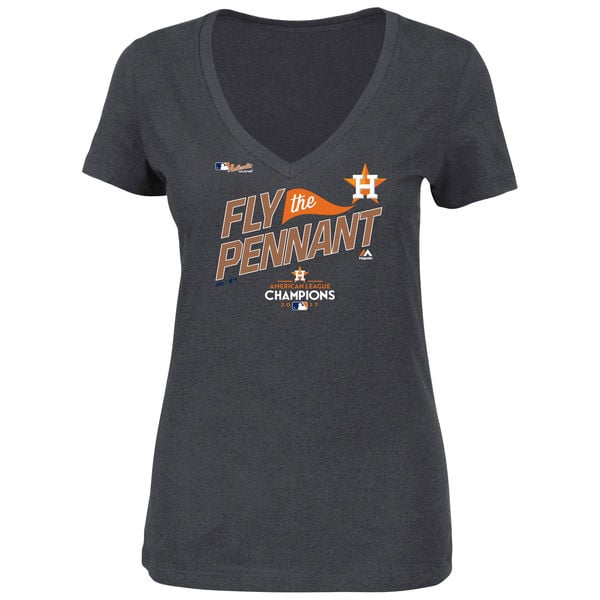 Fly The Pennant Majestic Houston Astros Women's Heather Charcoal 2017 American League Champions Locker Room T-Shirt alcs champions houston astros