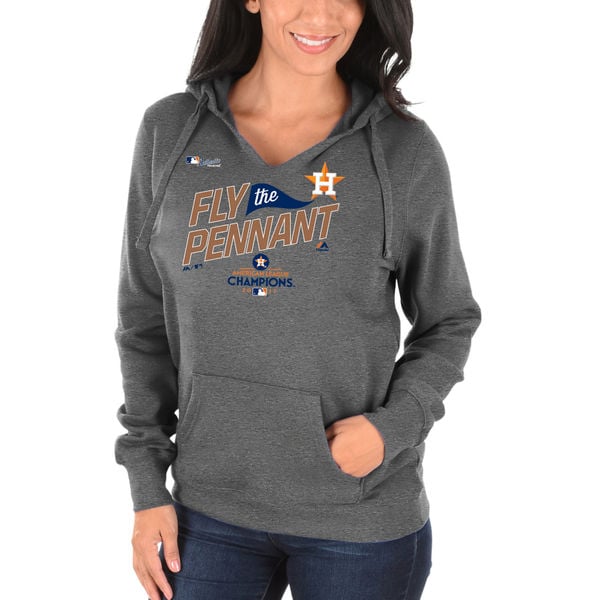 Majestic Houston Astros Women's Heather Gray Fly The Pennant 2017 American League Champions Locker Room Pullover Hoodie alcs champions houston astros