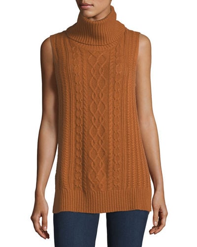 Neiman Marcus Cashmere Collection Cowl-Neck Cable-Knit Cashmere Vest Whiskey cowl neck sweaters fall 2017
