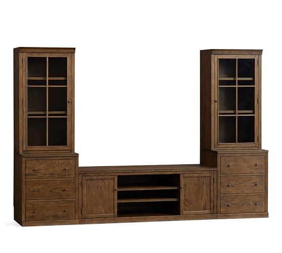 Pottery Barn LOGAN SMALL MEDIA SUITE WITH GLASS TOWERS, HEWN OAK pottery barn 75 percent off sale