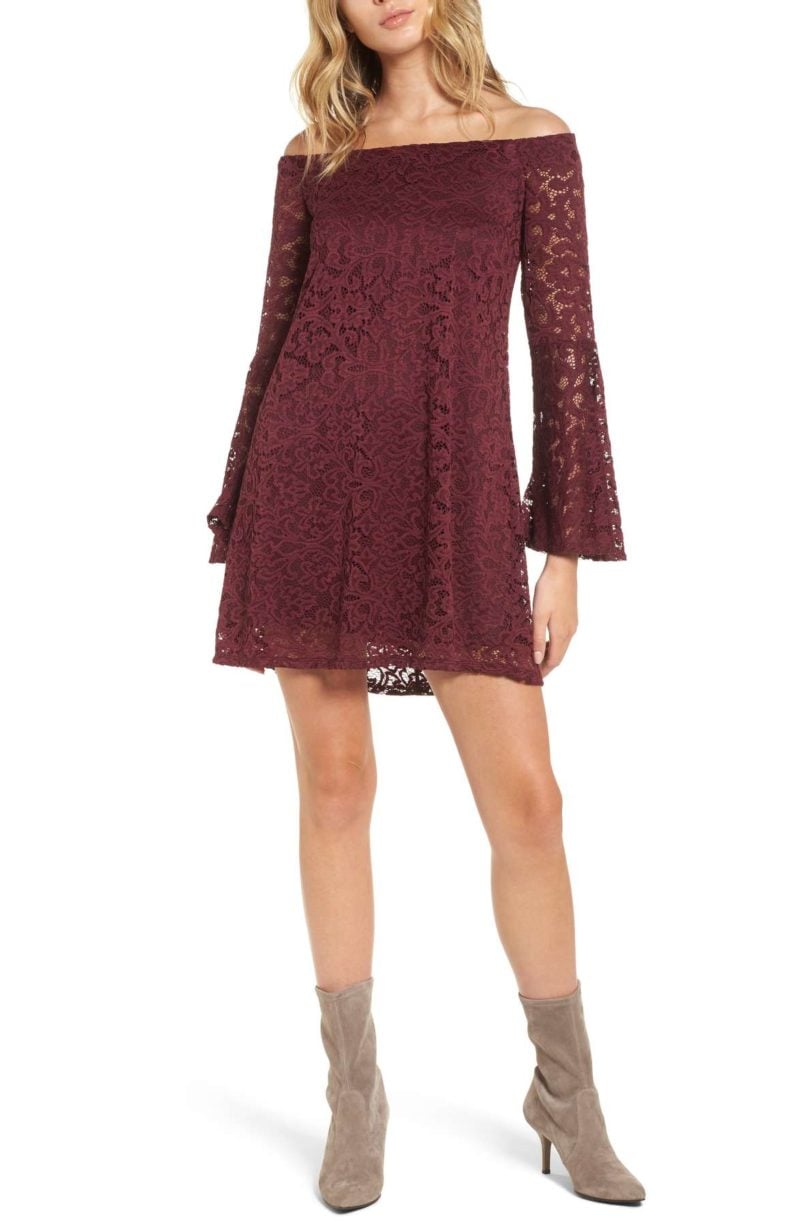AS U WISH Lace Bell Sleeve Off the Shoulder Dress Burgundy holiday party dresses under 100 dollars nordstrom black friday sale
