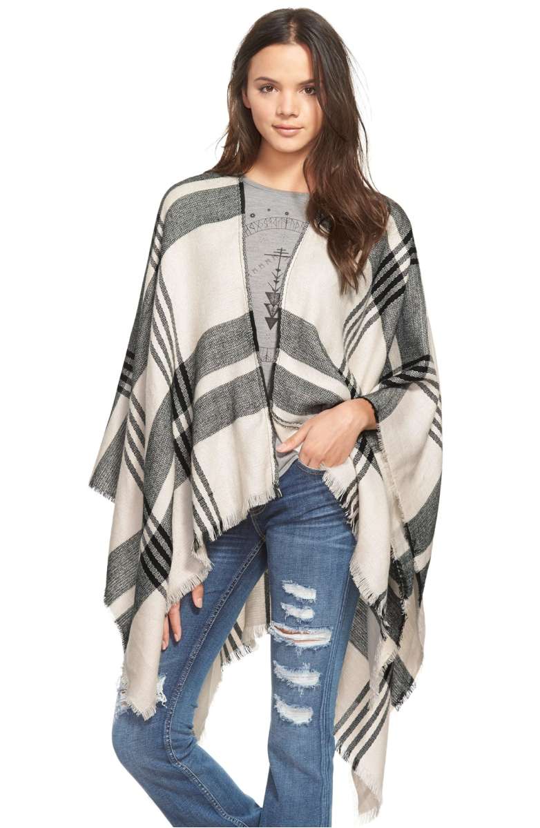 BP. Plaid Poncho Ivory Black plaid capes thanksgiving dinner