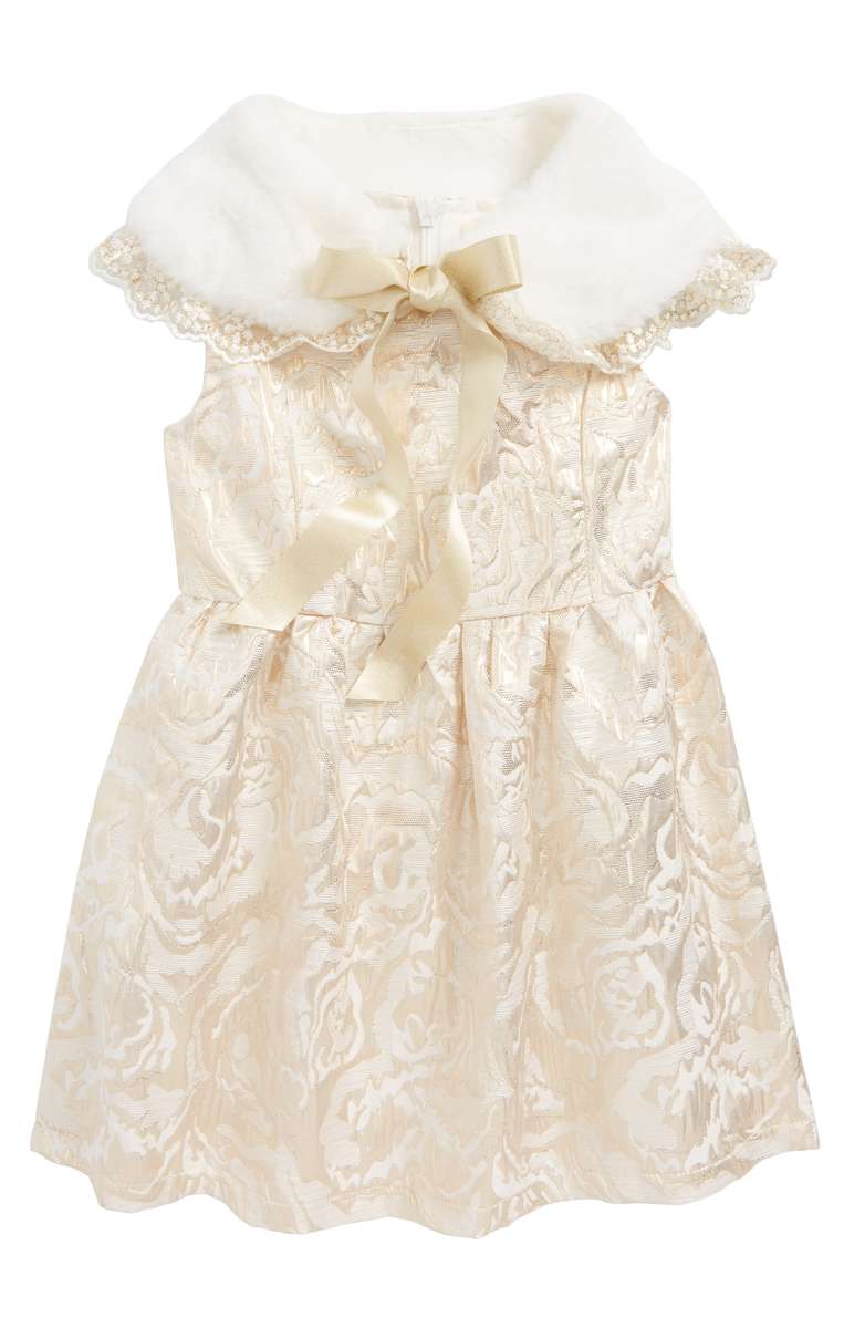 DOE A DEAR Metallic Jacquard Skater Dress with Faux Fux Collar Gold Toddler, Little Girl & Big Girl thanksgiving dresses for toddler girls