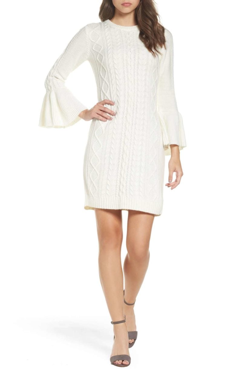 ELIZA J Mixed Cable Sweater Dress Bell Sleeves Ivory holiday party dresses under 100 dollars nordstrom black friday sale