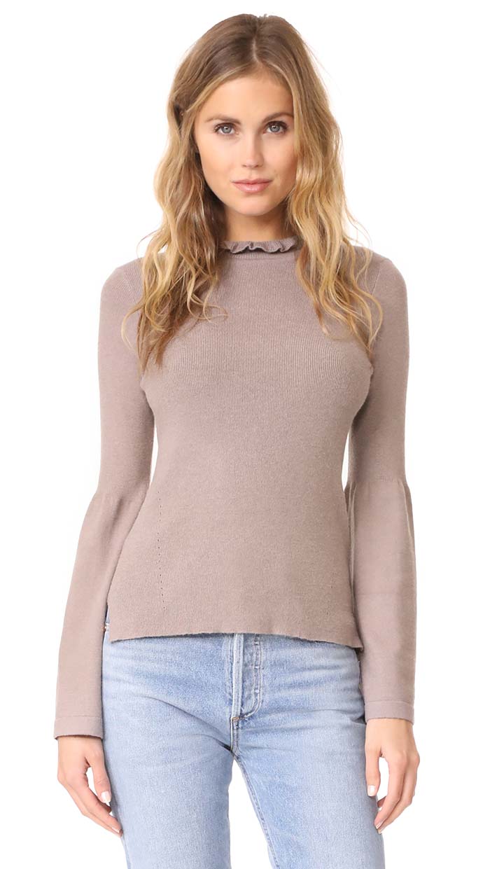 EVIDNT Frilled Neck Top with Bell Cuffs Dove bell sleeve turtlenecks