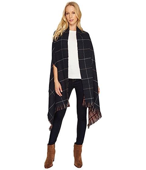 Hat Attack Reversible Poncho Navy Burgundy plaid capes