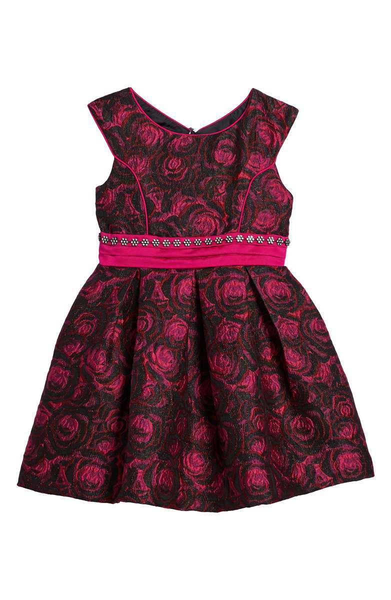 IRIS & IVY Floral Jacquard Dress Crystal Encrusted Sash Fuchsia Toddler & Little Girl thanksgiving dresses for toddler girls