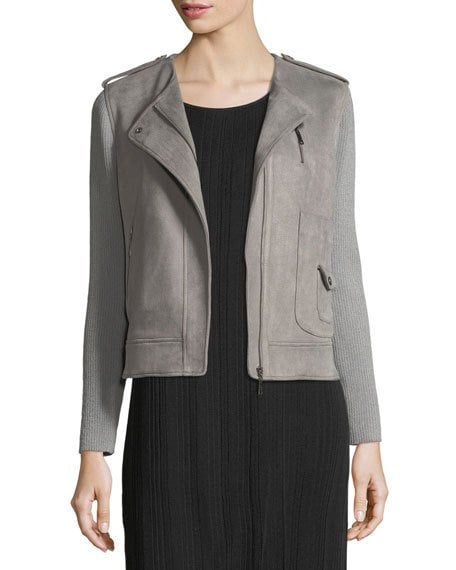 Misook Faux-Suede Moto Jacket w/ Contrast Sleeves Smoke faux suede moto jackets fall winter