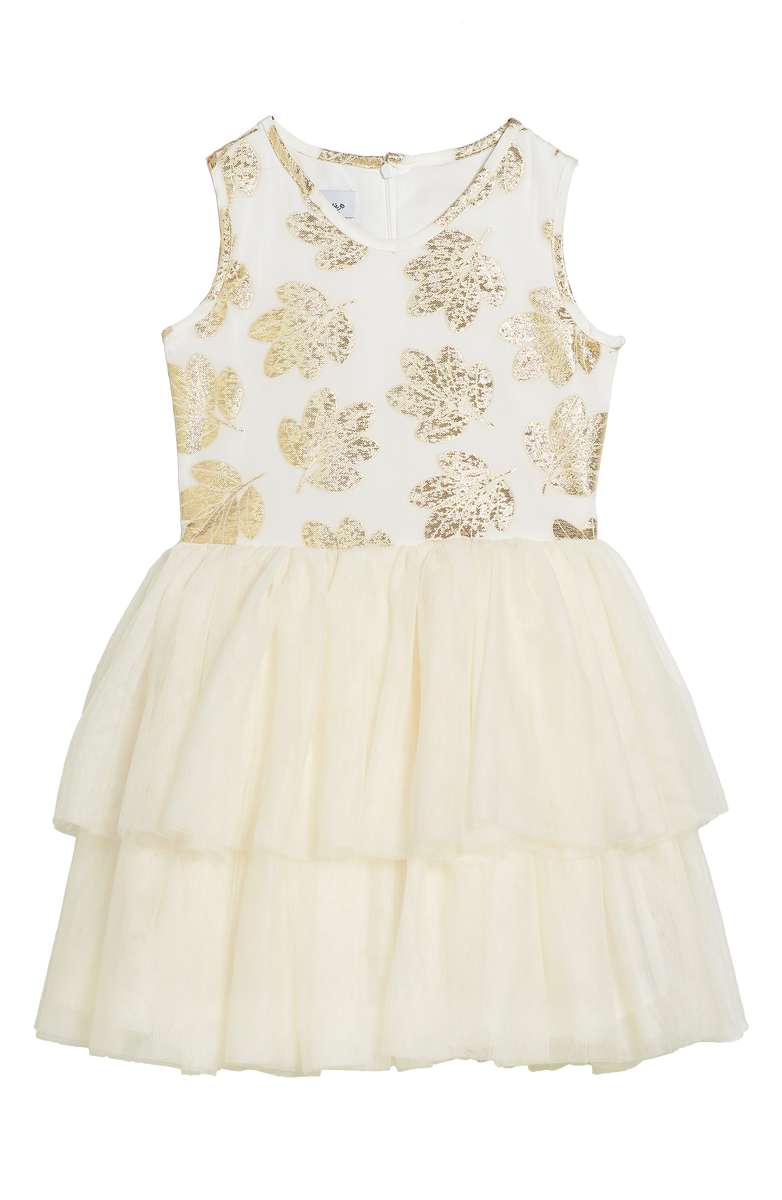 PIPPA & JULIE Tulle Dress Metallic Leaves Ivory Gold Toddler, Little Girl & Big Girl thanksgiving dresses toddler girls