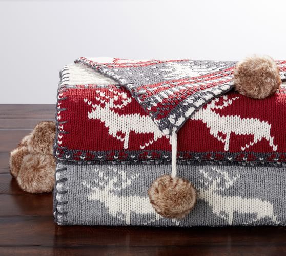 Pottery Barn FAIR ISLE FUR POM POM THROW Gray Red pottery barn pre-black friday sale