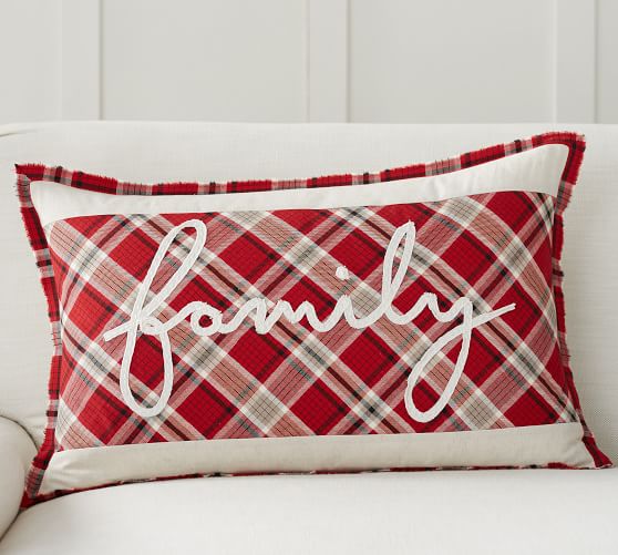 Pottery Barn FAMILY SCRIPT APPLIQUE LUMBAR PILLOW COVER plaid pottery barn mega sale
