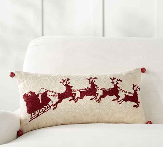 Pottery Barn SLEIGH BELL CREWEL EMBROIDERED LUMBAR PILLOW mega sale