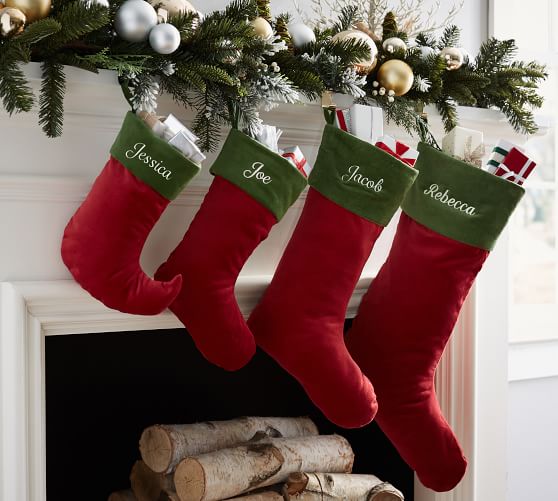 Pottery Barn VELVET STOCKING - RED WITH GREEN CUFF pottery barn pre-black friday sale