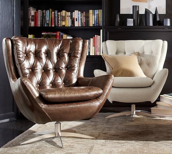 Pottery Barn WELLS LEATHER SWIVEL ARMCHAIR pottery barn pre-black friday sale tufted leather chair