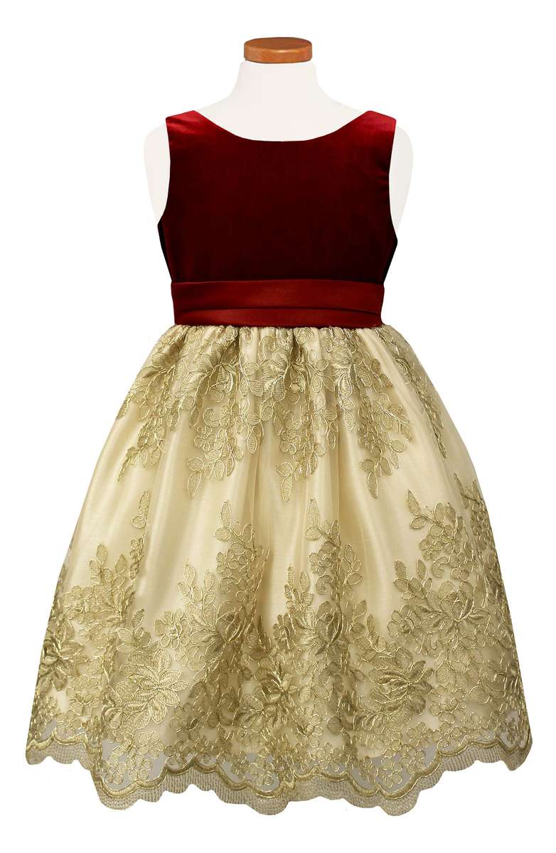 SORBET Floral Embroidered Party Dress Red Gold Toddler & Little Girl thanksgiving dresses for toddler girls