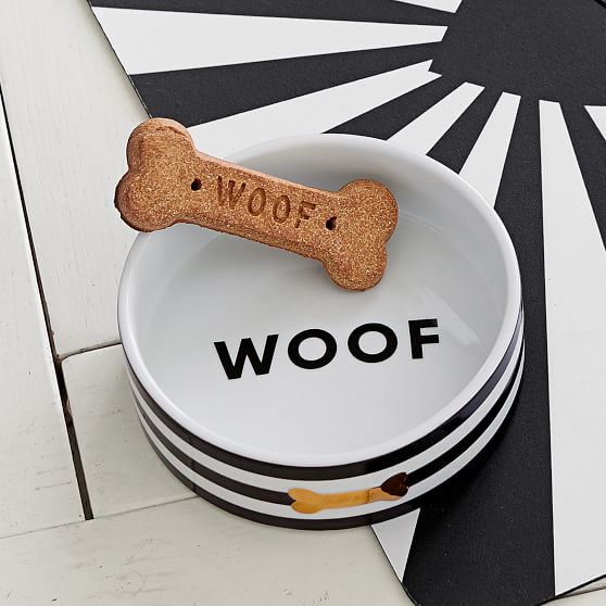 The Emily & Meritt Pet Bowl, Woof Black and White Stripes Woof Gold Dog Bone emily and meritt for pbteen sale pottery barn teen
