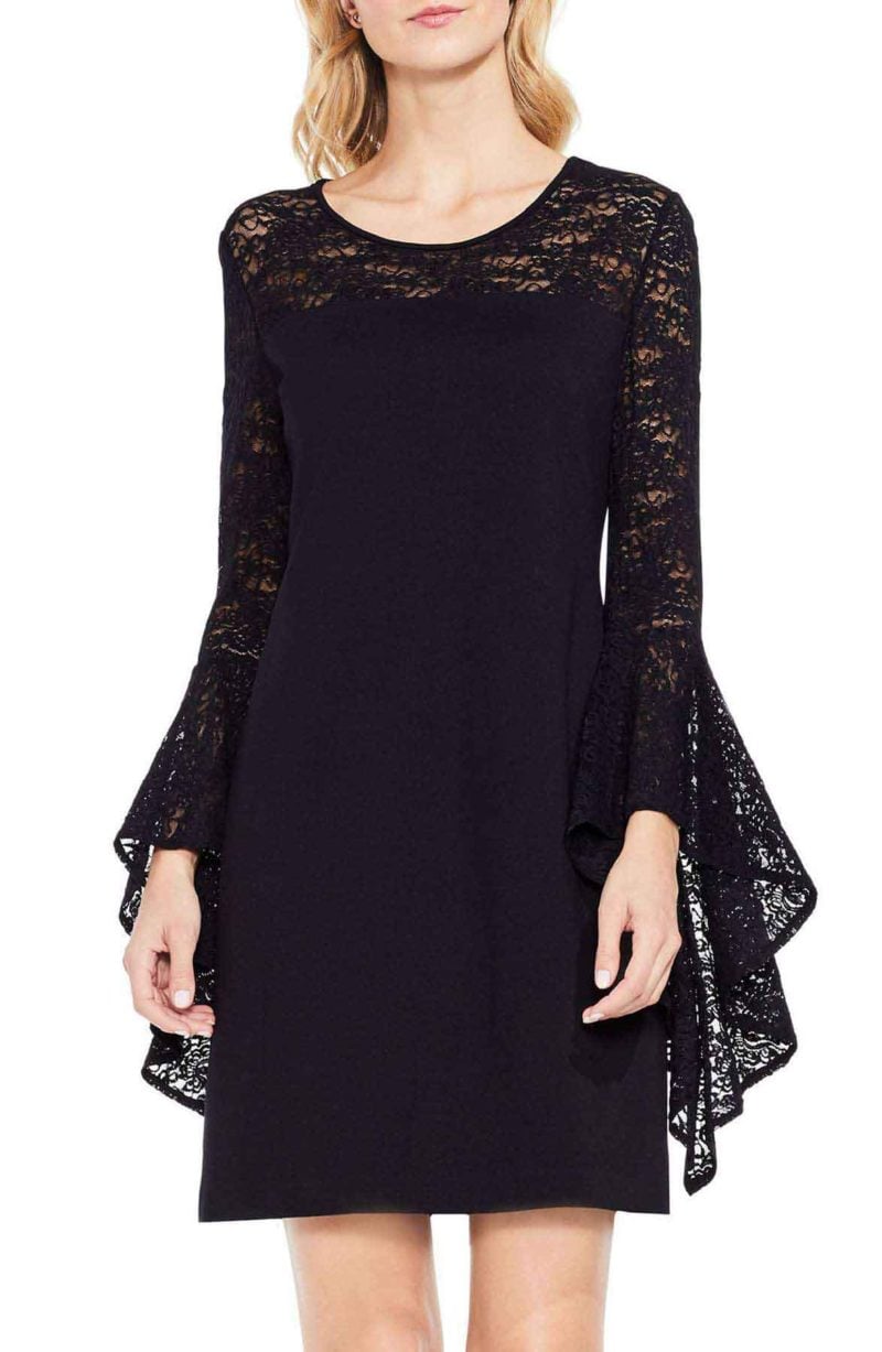 VINCE CAMUTO Handkerchief Lace Ponte Dress Rich Black bell sleeve dresses nordstrom black friday sale holiday party dresses under 100 dollars