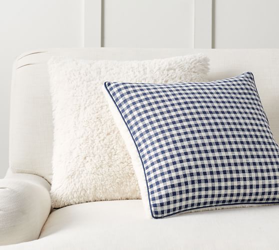 Pottery Barn MINI GINGHAM SHERPA REVERSIBLE PILLOW COVER Blue pottery barn buy more save more sale