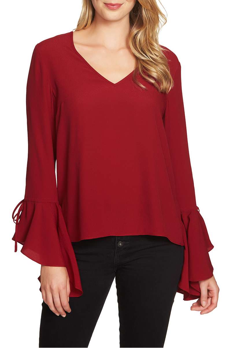 1.STATE Cascade Sleeve Blouse Currant Red ruffle blouses