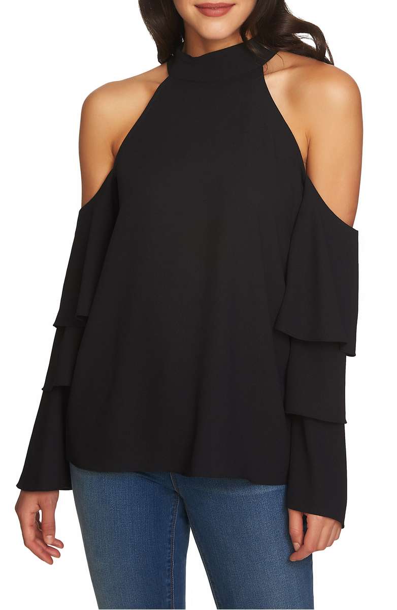 1.STATE Cold Shoulder Blouse Ruffles Black ruffle blouses winter spring 2018