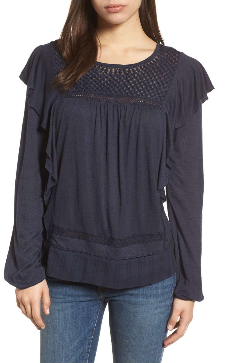 LUCKY BRAND Ruffle Eyelet Mix Media Blouse American Navy Blue ruffle blouses winter spring