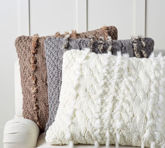 Pottery Barn CABLE KNIT WITH FAUX FUR PILLOW COVER Taupe pottery barn premier sale